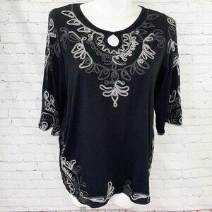 ONCE AGAIN BLACK & WHITE METALLIC THREAD SWIRL DESIGN TUNIC TOP - 1X